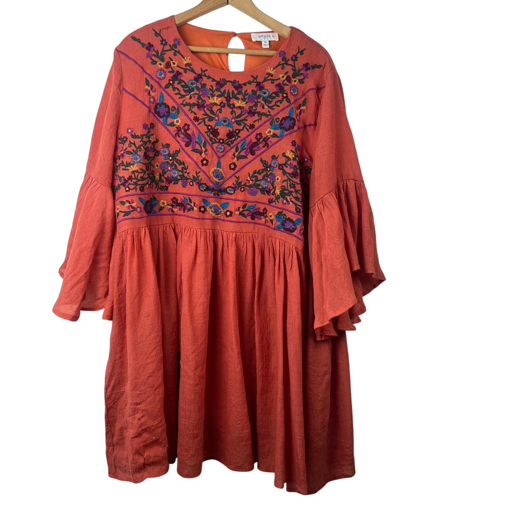 Umgee Plus Orange Embroidered Floral Babydoll Dress Bell Sleeve Womens 1XL Boho